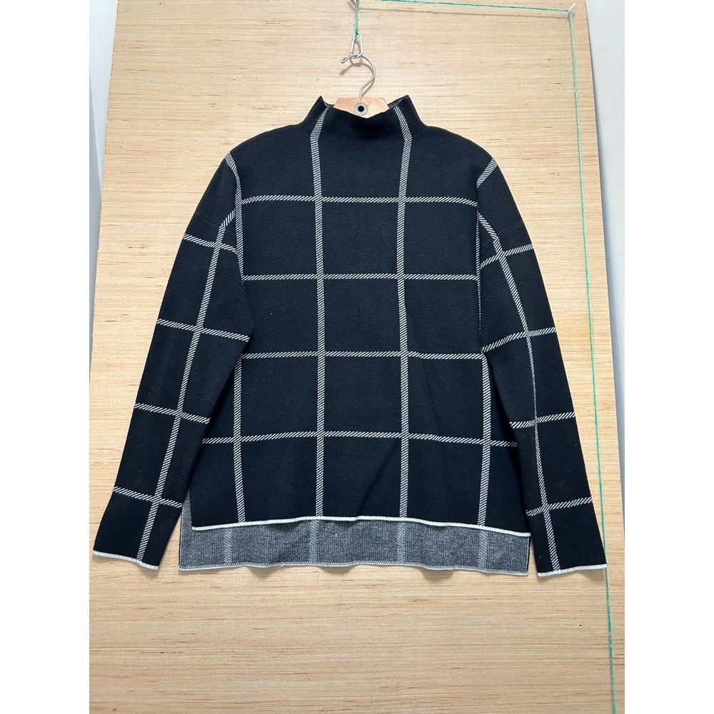 Max Studio Mens Large Black White Windowpane Mock Neck Grid Knit Sweater Relaxed